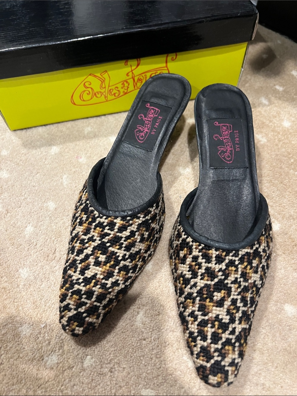By PAIGE needlepoint kitten heels 
Animal print. Excellent condition. Size 8